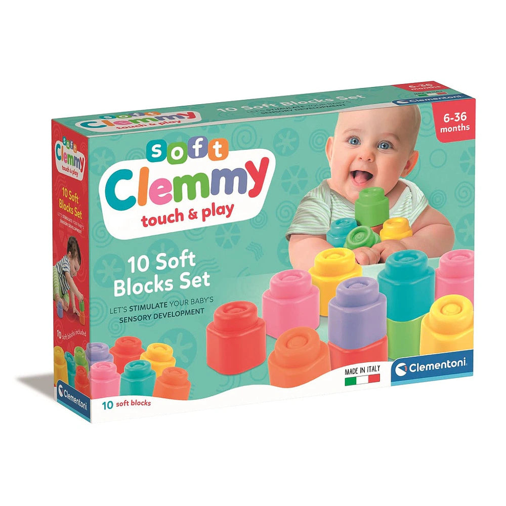 Minkštos sensorinės kaladėlės „Clementoni Soft Clemmy“, 10 vnt., 6–36 mėn.