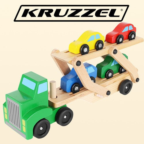 Medinis sunkvežimis su automobilių rinkiniu